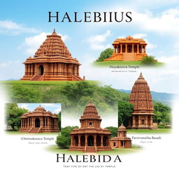 An artistic A4-sized poster featuring five ancient Indian temples located in Halebidu, India: Chennakesava Temple, Hoysaleshwara Temple, Kedaresvara Temple, Parshvanatha Basadi, and another Hoysala-style temple