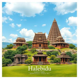 An artistic A4-sized poster featuring five ancient Indian temples located in Halebidu, India: Chennakesava Temple, Hoysaleshwara Temple, Kedaresvara Temple, Parshvanatha Basadi, and another Hoysala-style temple