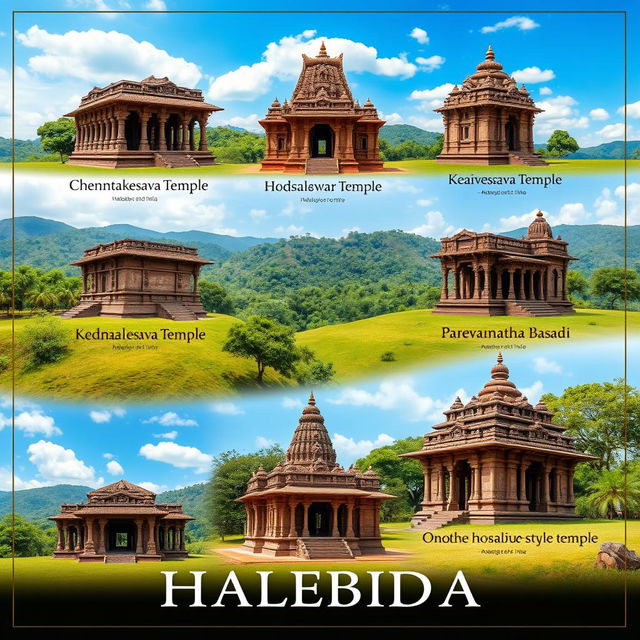 An artistic A4-sized poster featuring five ancient Indian temples located in Halebidu, India: Chennakesava Temple, Hoysaleshwara Temple, Kedaresvara Temple, Parshvanatha Basadi, and another Hoysala-style temple