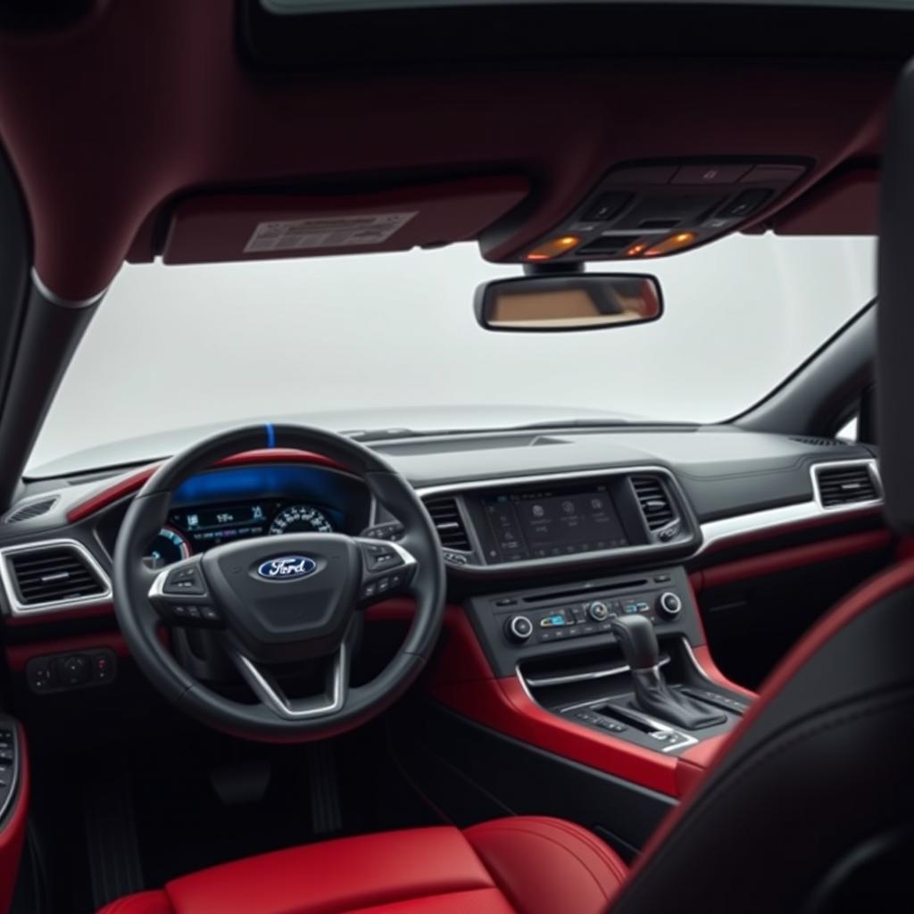 A detailed view of a Ford Mondeo MK3 interior dashboard, featuring a custom tuned design with modernized control panels, enhanced digital displays, and bespoke leather upholstery