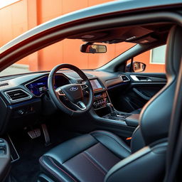 A detailed view of a Ford Mondeo MK3 interior dashboard, featuring a custom tuned design with modernized control panels, enhanced digital displays, and bespoke leather upholstery