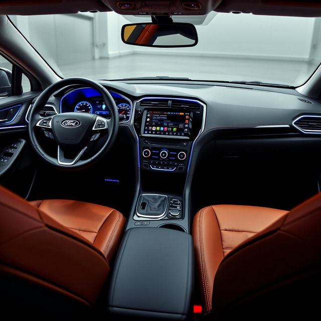 A detailed view of a Ford Mondeo MK3 interior dashboard, featuring a custom tuned design with modernized control panels, enhanced digital displays, and bespoke leather upholstery