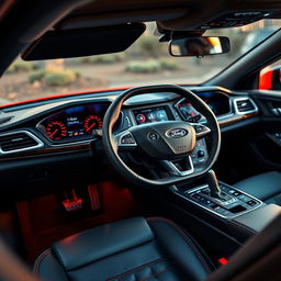 A detailed view of a Ford Mondeo MK3 interior dashboard, featuring a custom tuned design with modernized control panels, enhanced digital displays, and bespoke leather upholstery