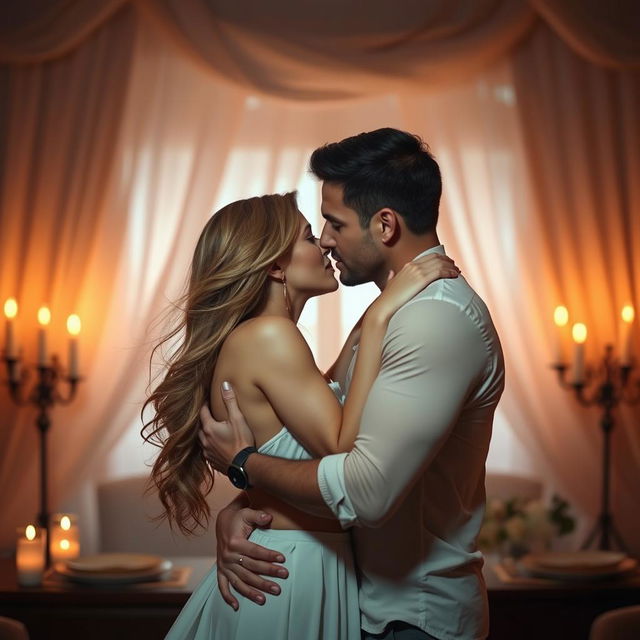 A sensual scene featuring a couple passionately embracing in a romantic setting with soft, ambient lighting