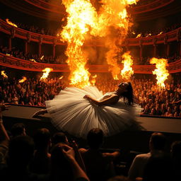 A dark-haired ballerina in a flowing white tutu lying on the stage, surrounded by raging flames and a chaotic fire engulfing the performance area