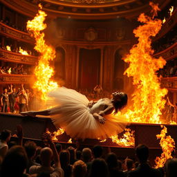 A dark-haired ballerina in a flowing white tutu lying on the stage, surrounded by raging flames and a chaotic fire engulfing the performance area