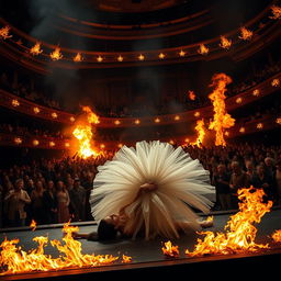 A dark-haired ballerina in a flowing white tutu lying on the stage, surrounded by raging flames and a chaotic fire engulfing the performance area