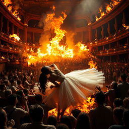 A dark-haired ballerina in a flowing white tutu lying on the stage, surrounded by raging flames and a chaotic fire engulfing the performance area