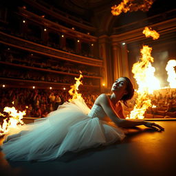 A dark-haired ballerina in a delicate white tutu, gracefully lying on the stage as flames erupt around her, creating a scene of chaos and beauty