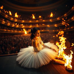 A dark-haired ballerina in a delicate white tutu, gracefully lying on the stage as flames erupt around her, creating a scene of chaos and beauty