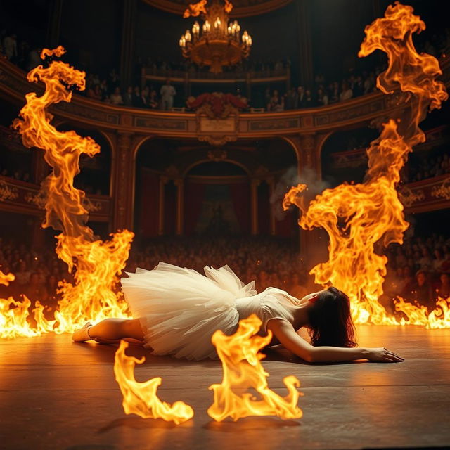 A dark-haired ballerina in a delicate white tutu, gracefully lying on the stage as flames erupt around her, creating a scene of chaos and beauty