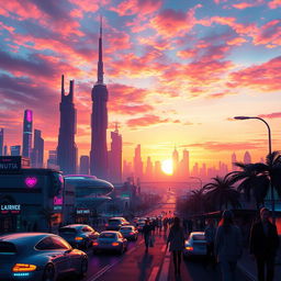 A vibrant digital art piece featuring a futuristic city skyline at sunset, with neon lights glowing in various colors