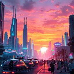 A vibrant digital art piece featuring a futuristic city skyline at sunset, with neon lights glowing in various colors