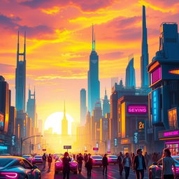 A vibrant digital art piece featuring a futuristic city skyline at sunset, with neon lights glowing in various colors