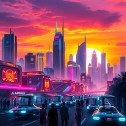 A vibrant digital art piece featuring a futuristic city skyline at sunset, with neon lights glowing in various colors