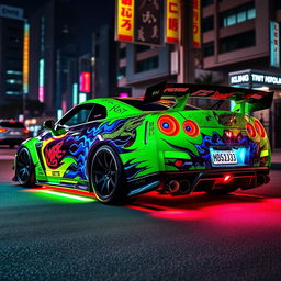 An eye-catching design for a Nissan GT-R34 in flashy JDM style, featuring vibrant colors like neon green and electric blue, intricate graphics including stylized dragon motifs and flame patterns, aerodynamic body kit with oversized rear wing, fitted with low-profile tires and aggressive wheel rims