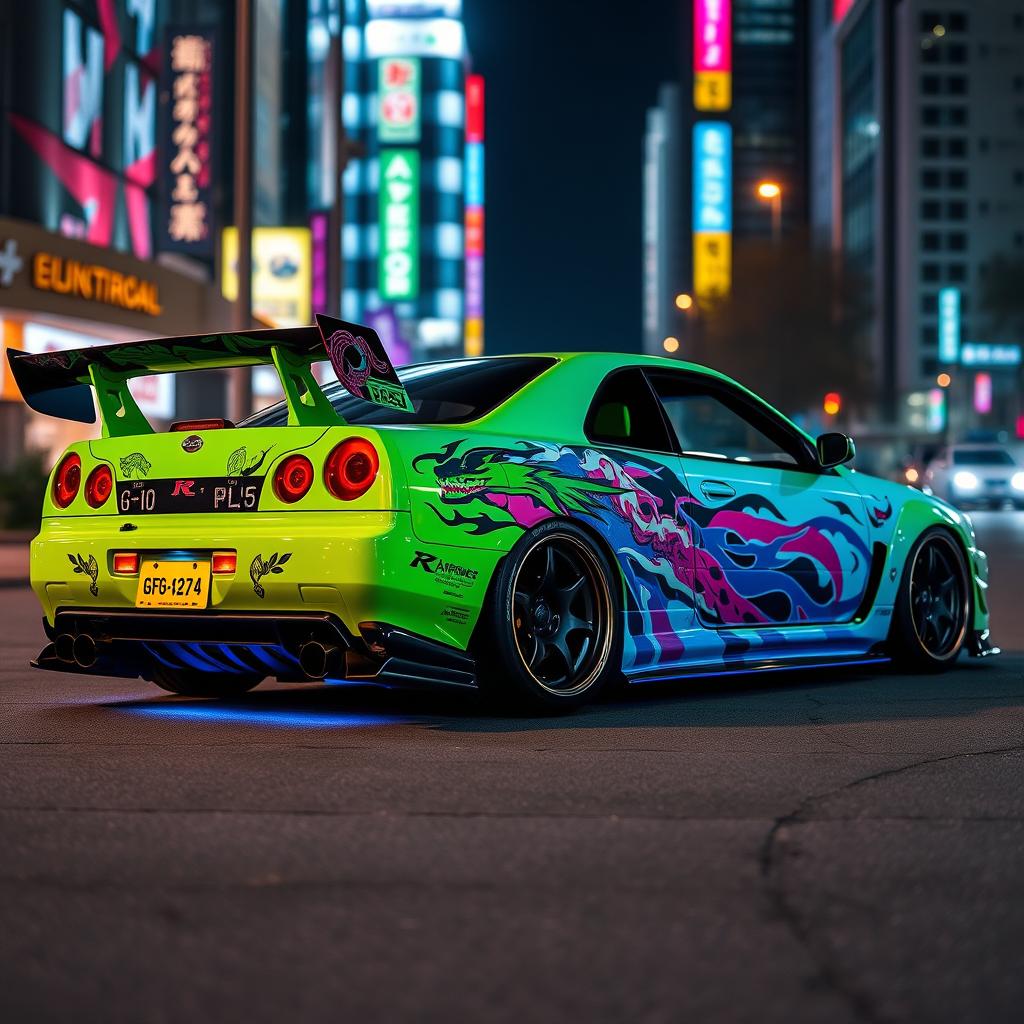 An eye-catching design for a Nissan GT-R34 in flashy JDM style, featuring vibrant colors like neon green and electric blue, intricate graphics including stylized dragon motifs and flame patterns, aerodynamic body kit with oversized rear wing, fitted with low-profile tires and aggressive wheel rims