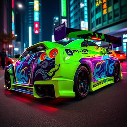 An eye-catching design for a Nissan GT-R34 in flashy JDM style, featuring vibrant colors like neon green and electric blue, intricate graphics including stylized dragon motifs and flame patterns, aerodynamic body kit with oversized rear wing, fitted with low-profile tires and aggressive wheel rims