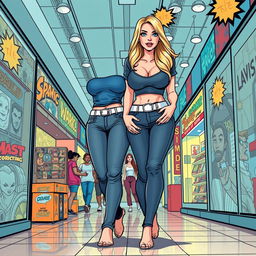 A comic book style illustration depicting a sexy long curvy girl with an hourglass shape, medium breasts, and very low, wide, fat saddle bag hips