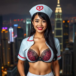 A young, attractive female nurse in Hong Kong, wearing a stylish and sexy bra underneath her nurse uniform, with a confident smile on her face