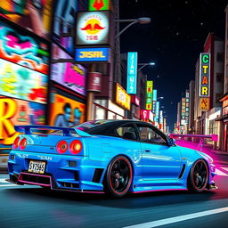 A custom-designed Nissan GT-R R34 in flashy JDM style, featuring vibrant neon colors like electric blue and hot pink, with a sleek and aerodynamic body kit