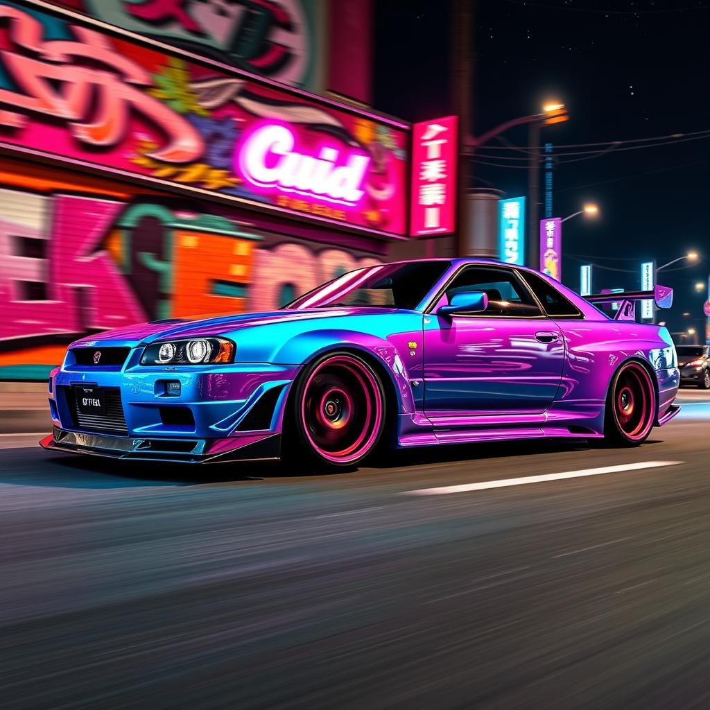 A custom-designed Nissan GT-R R34 in flashy JDM style, featuring vibrant neon colors like electric blue and hot pink, with a sleek and aerodynamic body kit