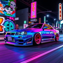 A custom-designed Nissan GT-R R34 in flashy JDM style, featuring vibrant neon colors like electric blue and hot pink, with a sleek and aerodynamic body kit