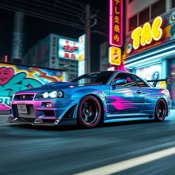 A custom-designed Nissan GT-R R34 in flashy JDM style, featuring vibrant neon colors like electric blue and hot pink, with a sleek and aerodynamic body kit