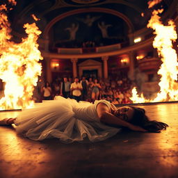 A dark-haired ballerina in a white tutu, lying unconscious on the stage amidst a dramatic scene where flames rage all around her