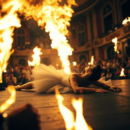 A dark-haired ballerina in a white tutu, lying unconscious on the stage amidst a dramatic scene where flames rage all around her