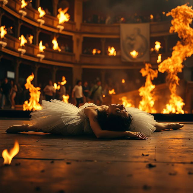 A dark-haired ballerina in a white tutu, lying unconscious on the stage amidst a dramatic scene where flames rage all around her