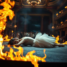 A dark-haired ballerina in a white tutu, lying unconscious on the stage amidst a dramatic scene where flames rage all around her