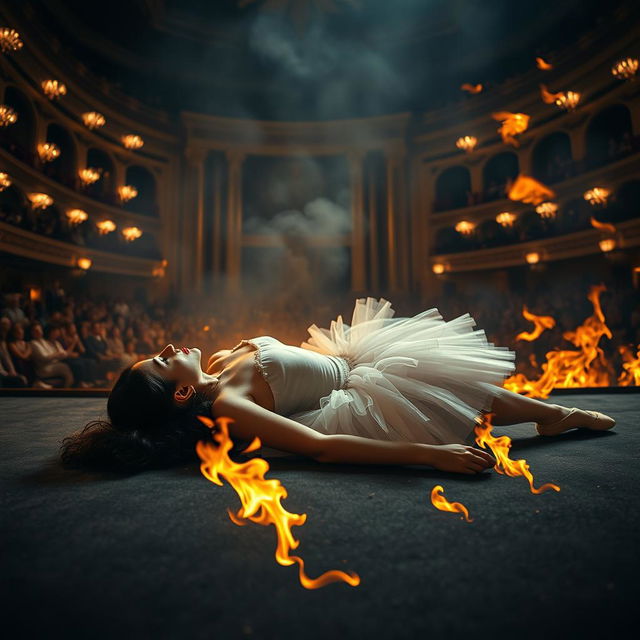 A dark-haired ballerina in a white tutu lying unconscious on the stage, surrounded by raging flames