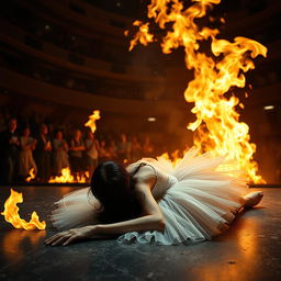 A dark-haired ballerina in a white tutu lying unconscious on the stage, surrounded by raging flames
