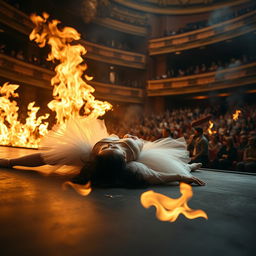 A dark-haired ballerina in a white tutu lying unconscious on the stage, surrounded by raging flames
