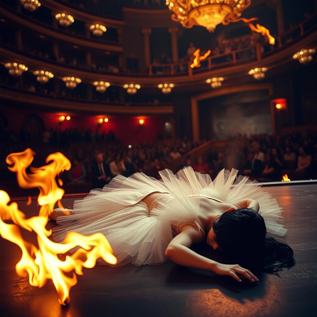 A dark-haired ballerina in a white tutu lying unconscious on the stage, surrounded by raging flames