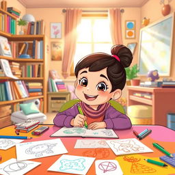 A young girl named Samar sitting at a colorful table, joyfully drawing with a green marker