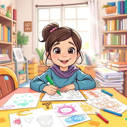 A young girl named Samar sitting at a colorful table, joyfully drawing with a green marker