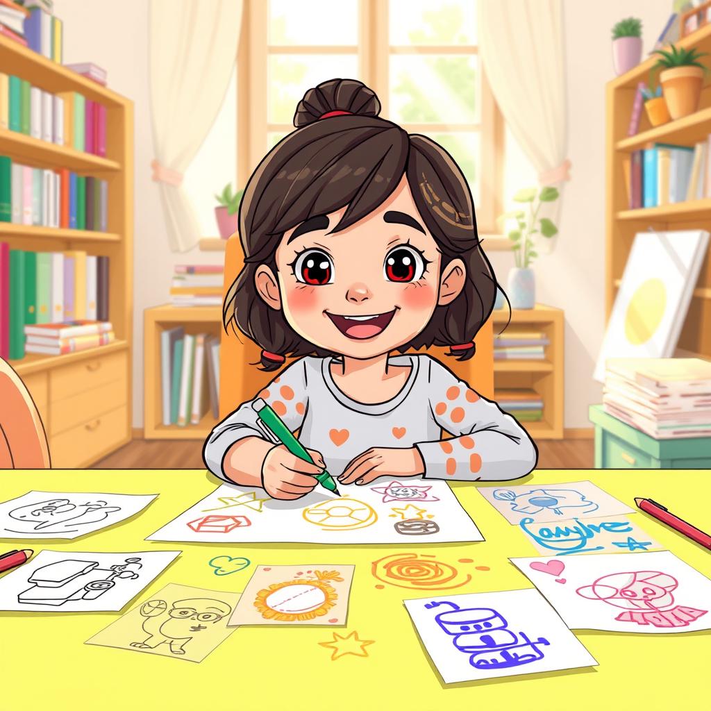A young girl named Samar sitting at a colorful table, joyfully drawing with a green marker