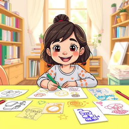 A young girl named Samar sitting at a colorful table, joyfully drawing with a green marker
