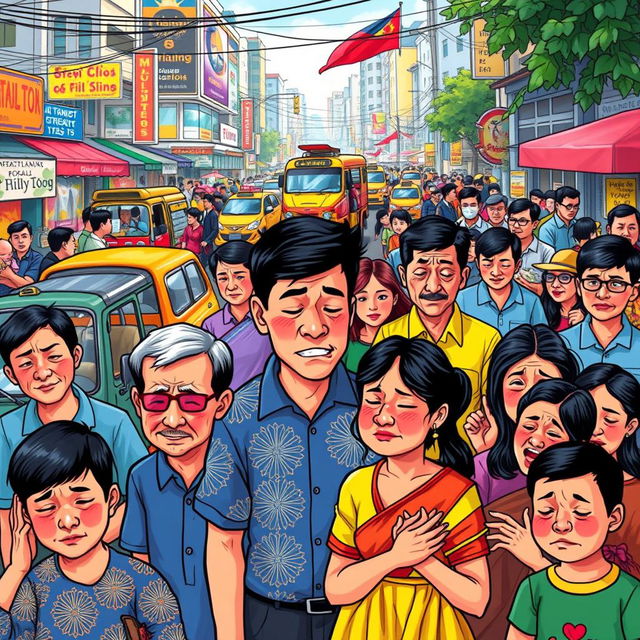 A vibrant illustration depicting the social and cultural dimensions of stress in Filipino society