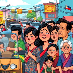 A vibrant illustration depicting the social and cultural dimensions of stress in Filipino society