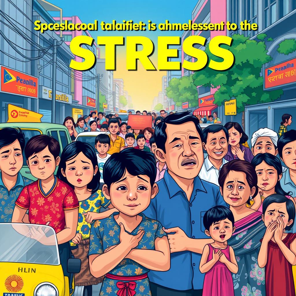 A vibrant illustration depicting the social and cultural dimensions of stress in Filipino society