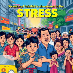 A vibrant illustration depicting the social and cultural dimensions of stress in Filipino society