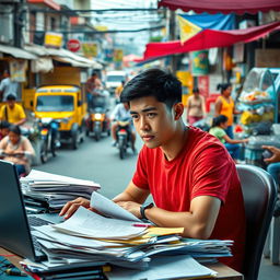 A visually striking scene that encapsulates the concept of stress within a Filipino cultural context, featuring individuals engaged in various activities that reflect both contemporary and traditional Filipino life