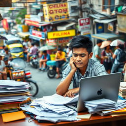 A visually striking scene that encapsulates the concept of stress within a Filipino cultural context, featuring individuals engaged in various activities that reflect both contemporary and traditional Filipino life