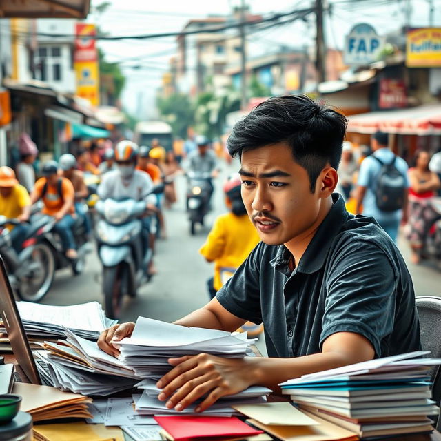 A visually striking scene that encapsulates the concept of stress within a Filipino cultural context, featuring individuals engaged in various activities that reflect both contemporary and traditional Filipino life