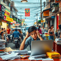 A visually striking scene that encapsulates the concept of stress within a Filipino cultural context, featuring individuals engaged in various activities that reflect both contemporary and traditional Filipino life