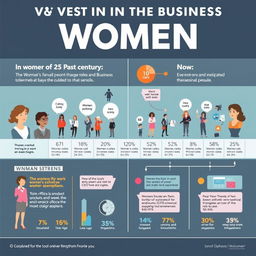 A visually engaging infographic that highlights the changing role of women in the business environment over the past century, with a focus on 25 years ago versus today