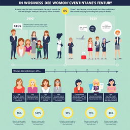 A visually engaging infographic that highlights the changing role of women in the business environment over the past century, with a focus on 25 years ago versus today